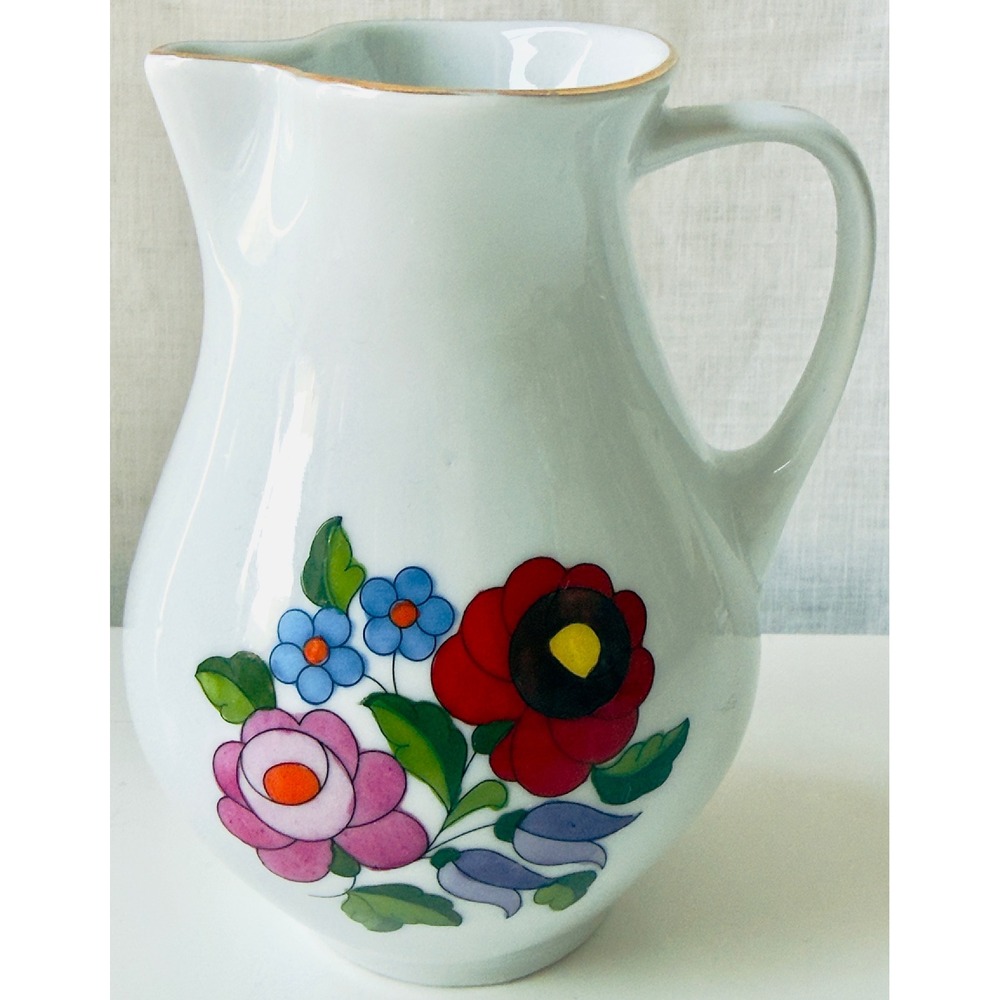 Vintage Kalocsa Hungary Hand-painted Porcelain Pitcher Folk Art Floral Gold Trim